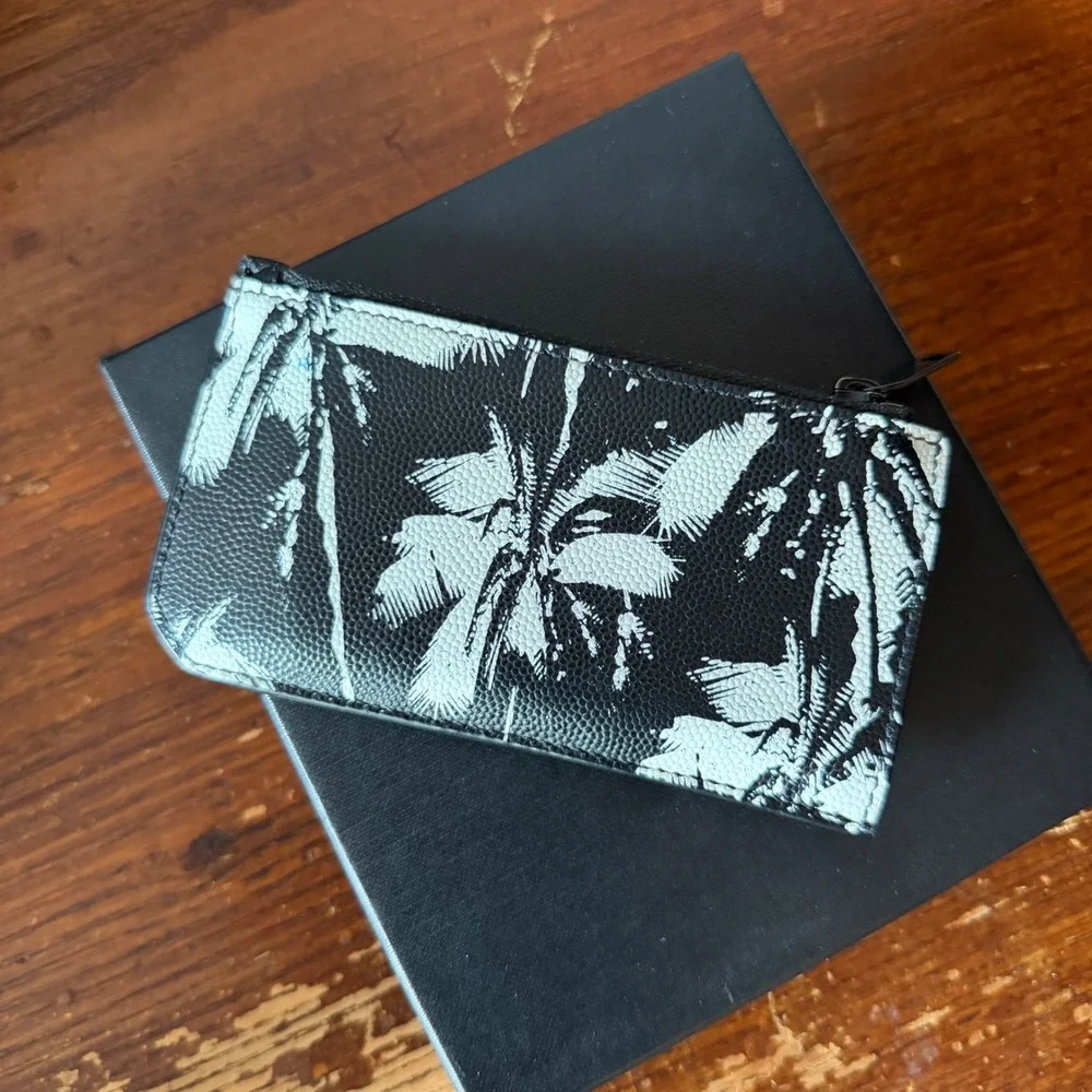 Saint Laurent Palm Tree Print Leather Card Case Wallet Black White Zipped